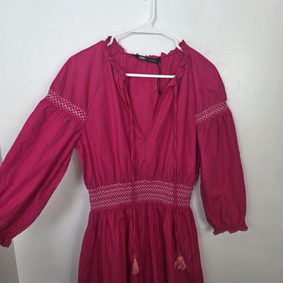 Zara Fuschia Pink Smocked Embroidered Puff Sleeve Tassels Mini Dress Size Large‎ - Picture 5 of 10